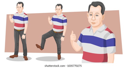 Set of businessman real cartoon character adult handsome smart guys standing thumb up in casual flat design on white and color background for presentation office work flat vector illustration