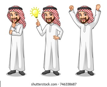 Set of businessman Saudi Arab man cartoon character design get great idea inspiration light bulb, thinking thoughtful gesture, and celebrating victory winner successful success with raised up arms.