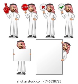 Set Of Businessman Saudi Arab Man Cartoon Character Design Holding A Blank Empty Sign Board Banner Billboard Card Poster, Number One Big Foam Hand Finger, Stop, Right Correct Yes And Wrong No Signs.