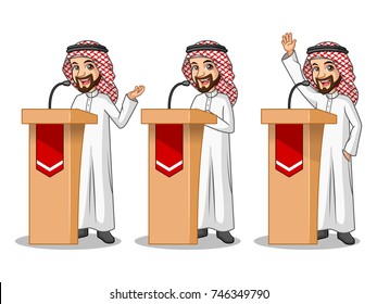 Set Of Businessman Saudi Arab Man Cartoon Character Design Politician Orator Public Speaker Giving A Talk Speech Presentation Standing Behind Rostrum Podium, Isolated Against White Background.