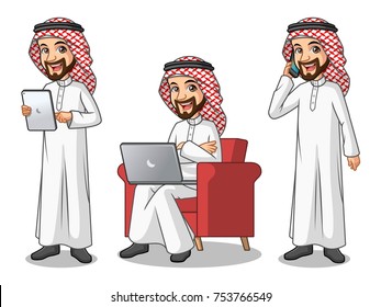 Set of businessman Saudi Arab man cartoon character design working on gadgets, tablet, laptop computer, and mobile phone, isolated against white background.