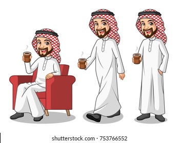 Set Of Businessman Saudi Arab Man Cartoon Character Design Making A Break Relaxing With Holding Drinking A Coffee Tea, Isolated Against White Background.