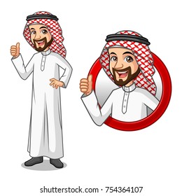 Conjunto de hombres de negocios diseño de caricaturas del hombre árabe saudita, dentro del concepto del logo del círculo con mostrar como, bien, buen trabajo, gesto de señal satisfecho con sus pulgares hacia arriba, aislado en contra de fondo blanco