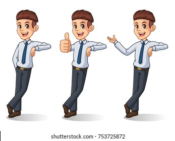 Set of businessman in shirt leaning against cartoon character design, isolated against white background.