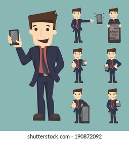 Set of businessman show tablet and smart phone characters poses , eps10 vector format