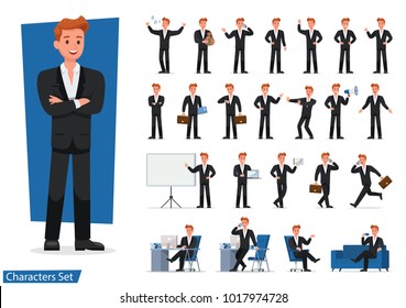 set of Businessman showing different gestures character vector design.