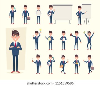 Set of Businessman showing different gestures, with various accesories. Character vector flat design for your project.