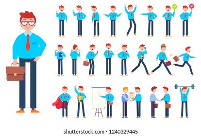 Set of Businessman showing different gestures. Character vector flat design