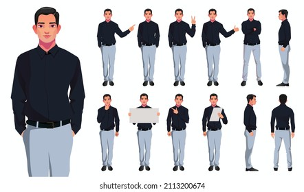 set of businessman showing different gestures character vector design in real character style