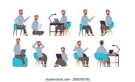 Set Businessman Sitting In Different Poses Gesture Emotions And Body Language Concept