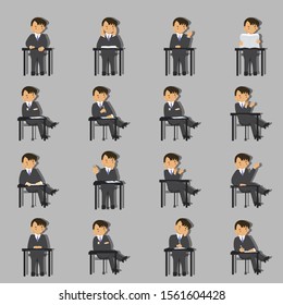 Set of businessman sitting on chair. Creative idea design. Flat vector illustration use for your project.