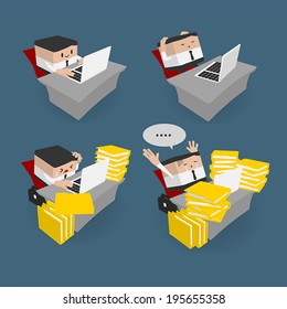 Set of businessman sitting on desk, Worker character acting, Cute cartoon vector EPS10