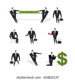 Set businessman situation. Figures of man in suit with briefcase. Share profit. rustler with boxing gloves. Adoration of dollar. Prayer money. Sad Manager sits on chair

