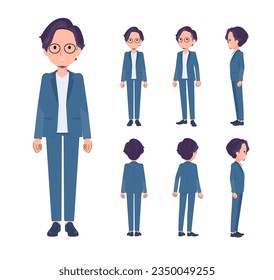 A set of businessman standing.Front, side and back angles.It's vector art so easy to edit.