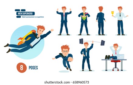 Set of businessman is a superhero, in beautiful business clothes in various poses, situations and circumstances. Young men character, superhero, in full growth. Illustration, people in cartoon style.