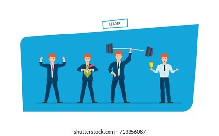 Set of businessman is superhero, in various poses. Leader, leadership qualities, dedication, ability to achieve success, successful businessman. Men character person. Illustration in cartoon style.