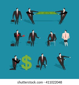 Set of businessman in various poses and situations. Man in business suit at work. Two managers pulling money. share profit. Pray of dollar. Businessman boxer with gloves. Man bust naked and with case
