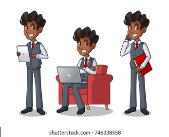 Set of businessman in vest cartoon character design working on gadgets, tablet, laptop computer, and mobile phone, isolated against white background.