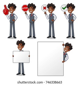 Set of businessman in vest cartoon character design holding a blank empty sign board banner billboard card poster, number one big foam hand finger, stop, right correct yes and wrong no signs.