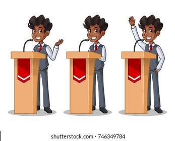 Set of businessman in vest cartoon character design politician orator public speaker giving a talk speech presentation standing behind rostrum podium, isolated against white background.