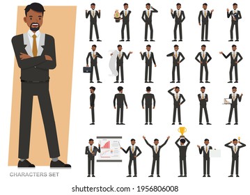 Set of businessman wear black suit character vector design. People working in office planning, thinking and economic analysis.