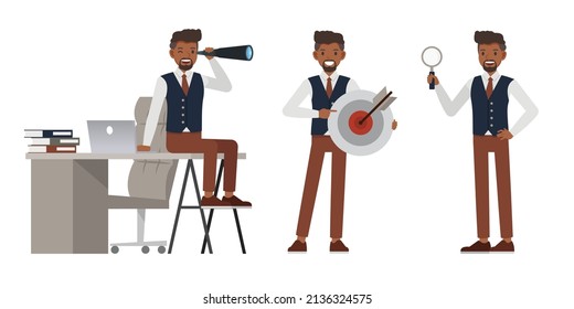 Set of businessman wear blue suit character vector design. Presentation in various action. People working in office planning, thinking and economic analysis. Opportunity concept.