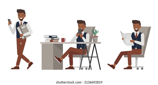 Set of businessman wear blue suit character vector design. Presentation in various action. People working in office planning, thinking and economic analysis. Business news concept.