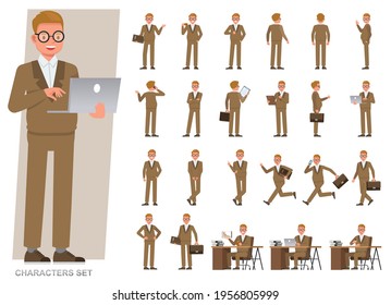 Conjunto de hombres de negocios llevan traje marrón diseño vectorial de carácter. Personas que trabajan en planificación de oficinas, pensamiento y análisis económico.