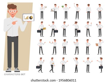 Set of businessman wear white suit character vector design. Presentation in various action with emotions, running, standing and walking.