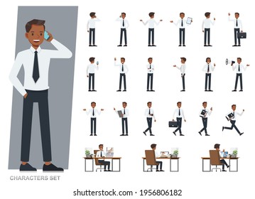 Set of businessman wear white suit and blue tie character vector design. Presentation in various action with emotions, running, standing and walking.