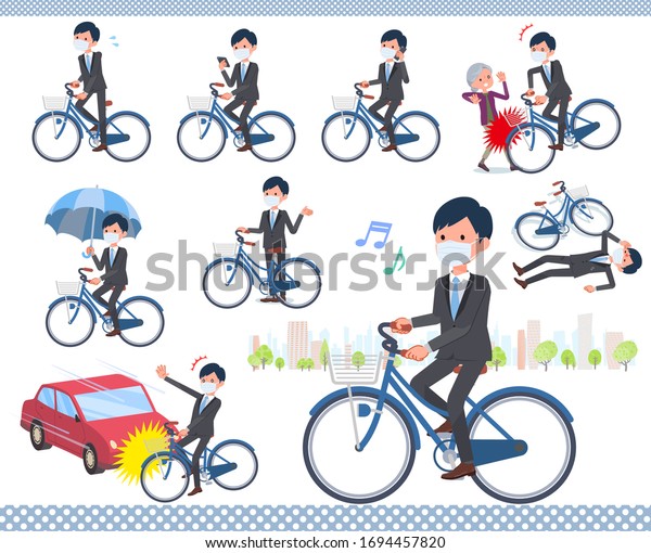 A set of businessman wearing mask riding a city\
cycle.There are actions on manners and troubles.It\'s vector art so\
it\'s easy to edit.
