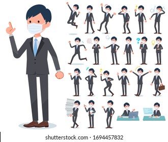 A set of businessman wearing mask with who express various emotions.There are actions related to workplaces and personal computers.It's vector art so it's easy to edit.