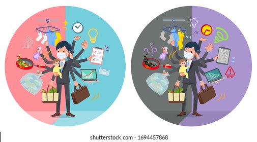 A set of businessman wearing mask who perform multitasking in offices and private.There are things to do smoothly and a pattern that is in a panic.It's vector art so it's easy to edit.