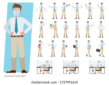 Set of businessman wearing medical mask and face shield character vector design. People working in office planning, thinking and economic analysis.