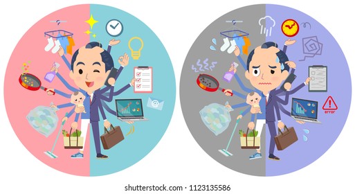 A set of businessman who perform multitasking in offices and private.There are things to do smoothly and a pattern that is in a panic.It's vector art so it's easy to edit.
