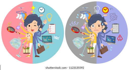 A set of businessman who perform multitasking in offices and private.There are things to do smoothly and a pattern that is in a panic.It's vector art so it's easy to edit.
