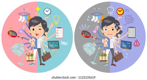 A set of businessman who perform multitasking in offices and private.There are things to do smoothly and a pattern that is in a panic.It's vector art so it's easy to edit.
