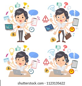 A set of businessman who perform multitasking in the office.There are things to do smoothly and a pattern that is in a panic.It's vector art so it's easy to edit.