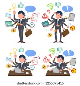 A set of businessman who perform multitasking in the office.There are things to do smoothly and a pattern that is in a panic.It's vector art so it's easy to edit.