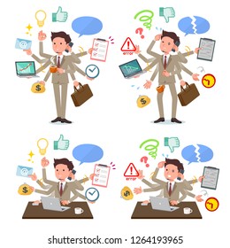 A set of businessman who perform multitasking in the office.There are things to do smoothly and a pattern that is in a panic.It's vector art so it's easy to edit.