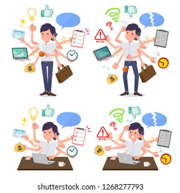 A set of businessman who perform multitasking in the office.There are things to do smoothly and a pattern that is in a panic.It's vector art so it's easy to edit.