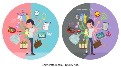 A set of businessman who perform multitasking in offices and private.There are things to do smoothly and a pattern that is in a panic.It's vector art so it's easy to edit.