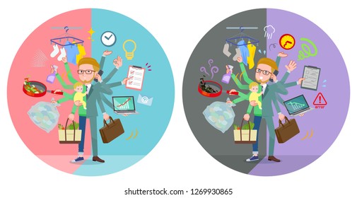 A set of businessman who perform multitasking in offices and private.There are things to do smoothly and a pattern that is in a panic.It's vector art so it's easy to edit.