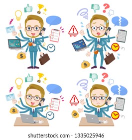 A set of Businessman who perform multitasking in the office.There are things to do smoothly and a pattern that is in a panic.It's vector art so it's easy to edit.
