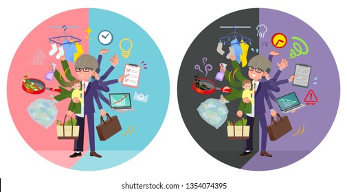 A set of businessman who perform multitasking in offices and private.There are things to do smoothly and a pattern that is in a panic.It's vector art so it's easy to edit.
