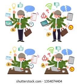 A set of businessman who perform multitasking in the office.There are things to do smoothly and a pattern that is in a panic.It's vector art so it's easy to edit.
