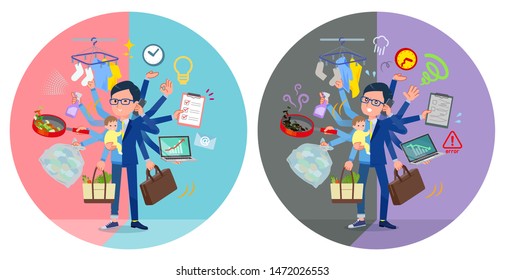 A set of businessman who perform multitasking in offices and private.There are things to do smoothly and a pattern that is in a panic.It's vector art so it's easy to edit.
