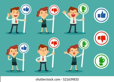 set of businessman and women holding sign with thumps up ,thumps down and OK hand icon