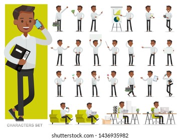 Set of businessman working character vector design. Presentation in various action with emotions, running, standing and walking.