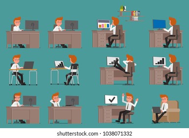 Set. Businessman working at the computer. Vector illustration.